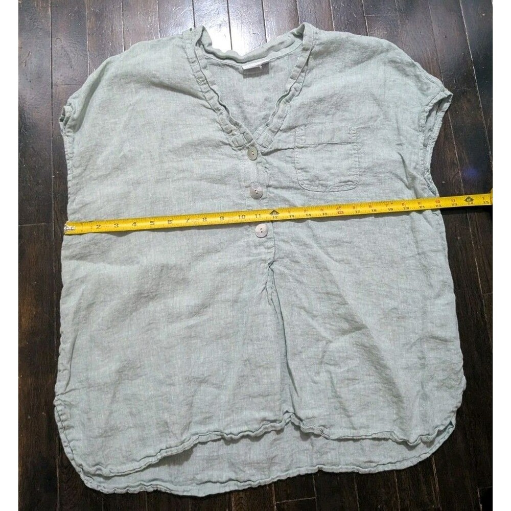 J.Jill Pure Jill 100% Linen Popover Blouse Light Green Sage Mother of Pearl
